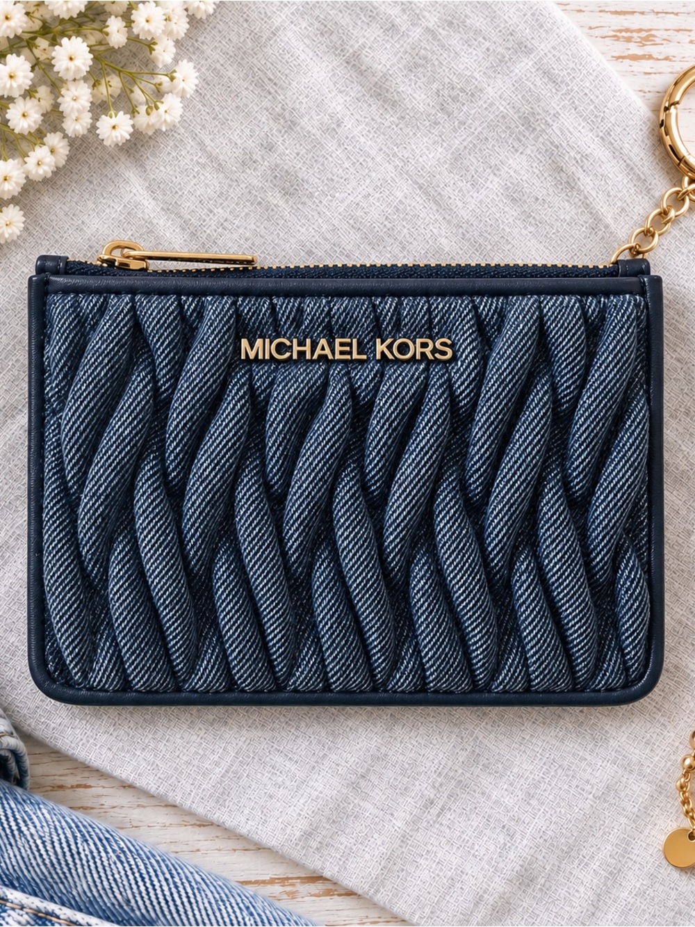MICHAEL KORS Navy Quilted Denim Wristlet Card Case with Gold Hardware